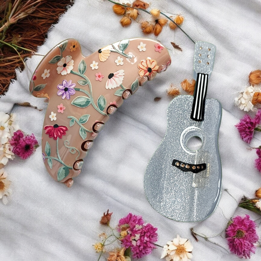 Acoustic Piano Flowers + Fearless Guitar Hair Claw Clips